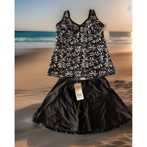YBL Your Best Look Tankini Top & Skirt 2 PC Swimsuit Womens Size 8  Black White